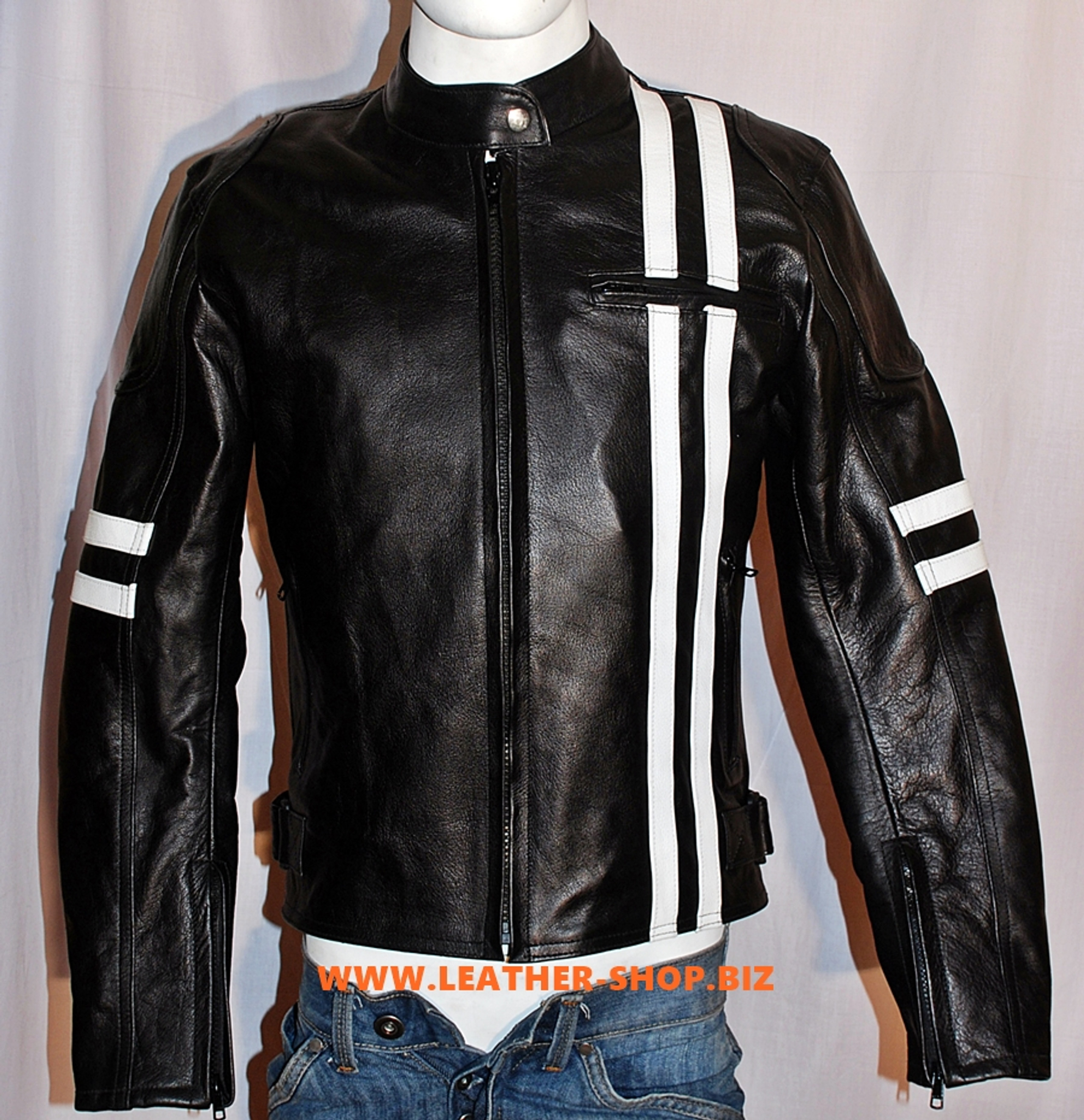 Leather Jacket Racer Style with Stripes MLJ233 Custom Made In 8 Colors