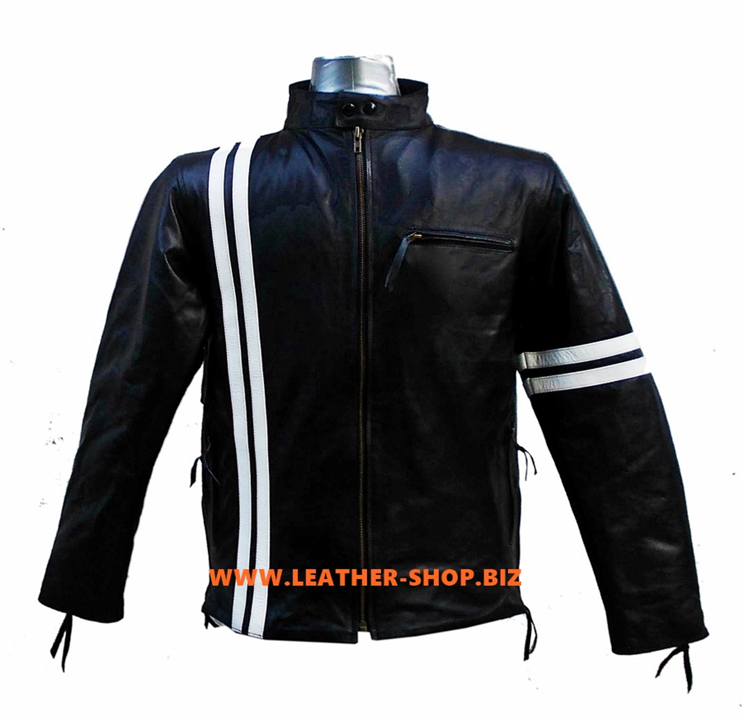 Leather Jacket Racer Style with Stripes MLJ236 Custom-Made In 9 Colors