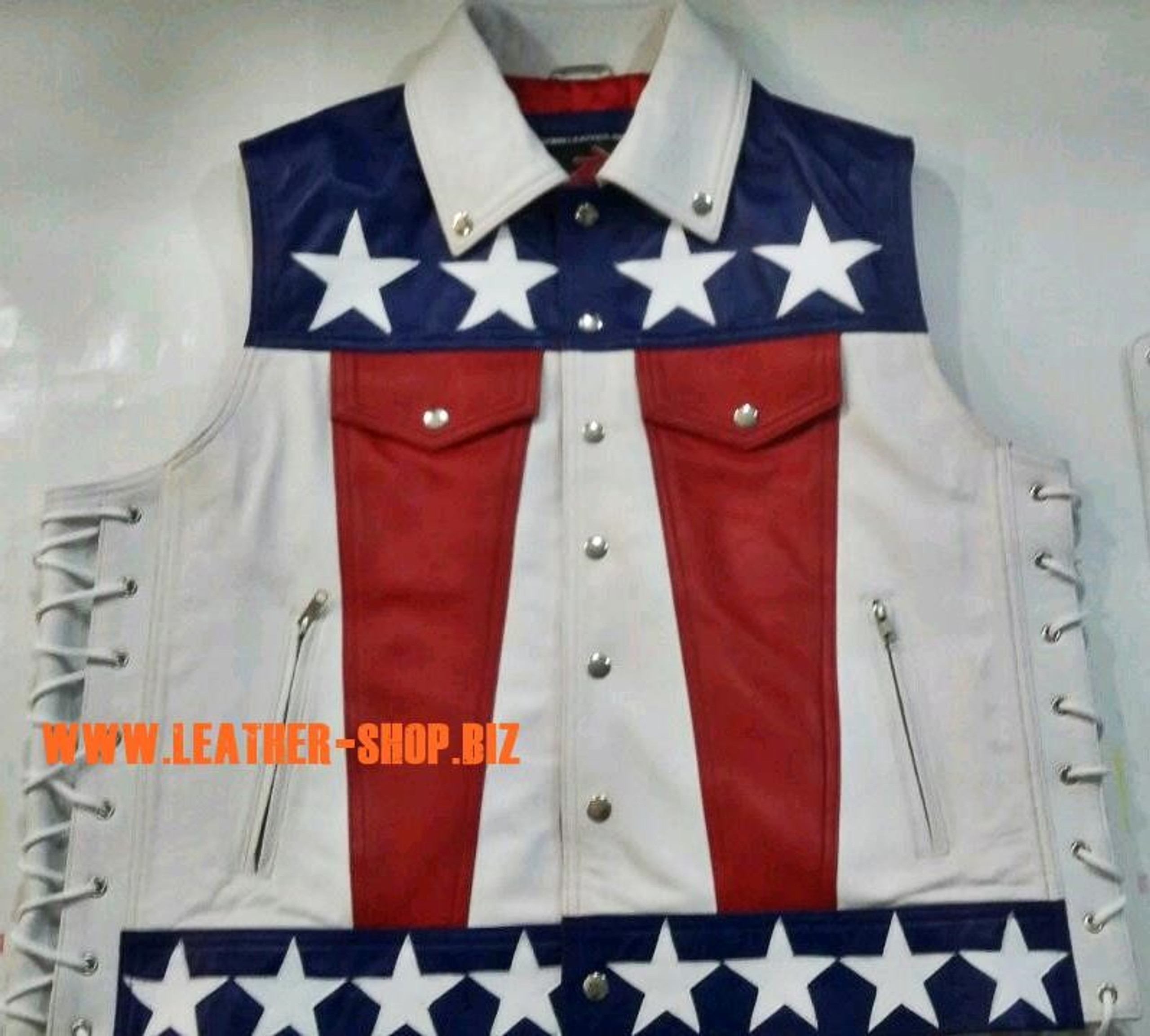 American Flag Leather Vest Jeans Style MLV1310A red white and blue