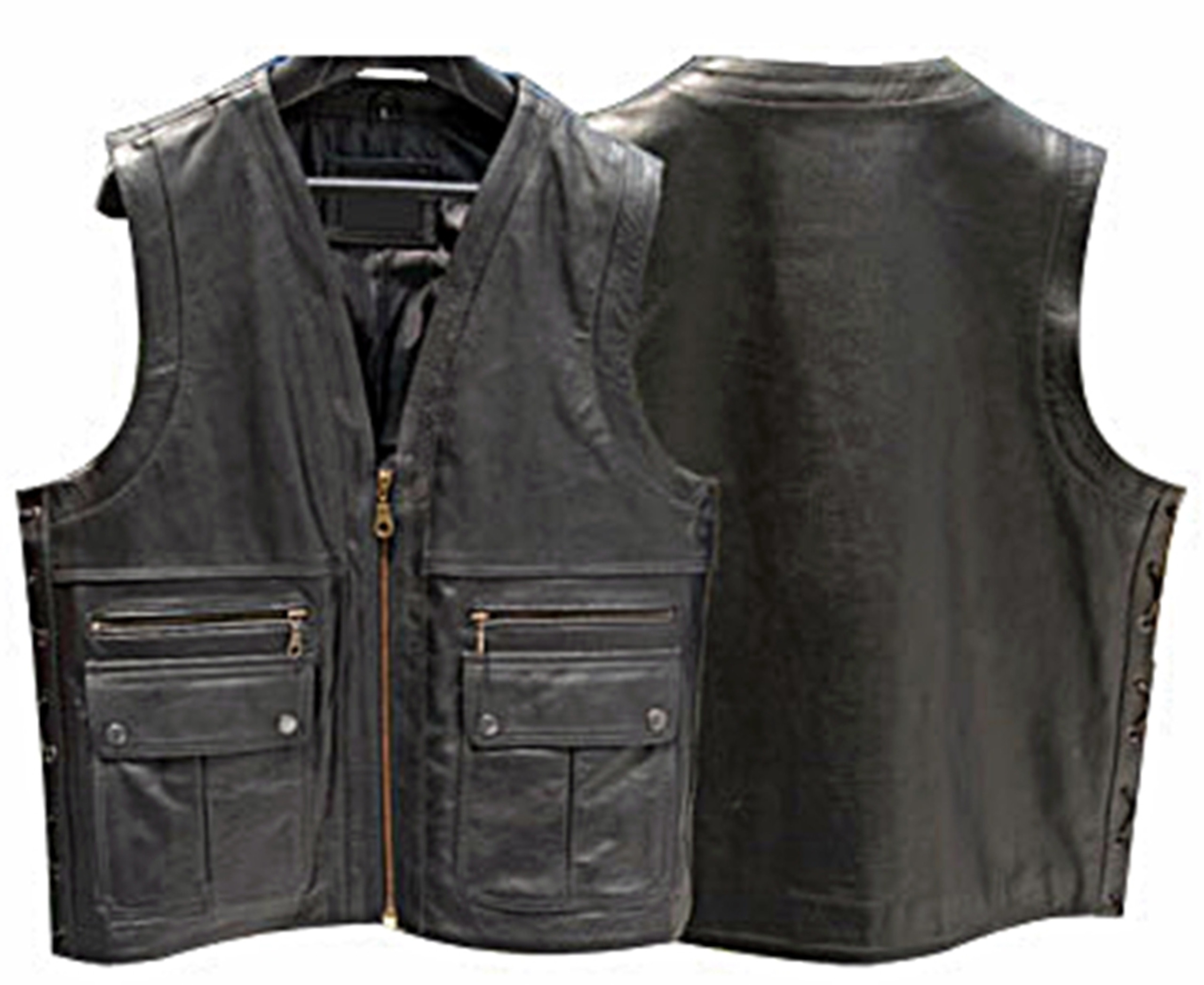 Mens Leather Vest 4 Front Pocket MC Style MLV863 no seams on back