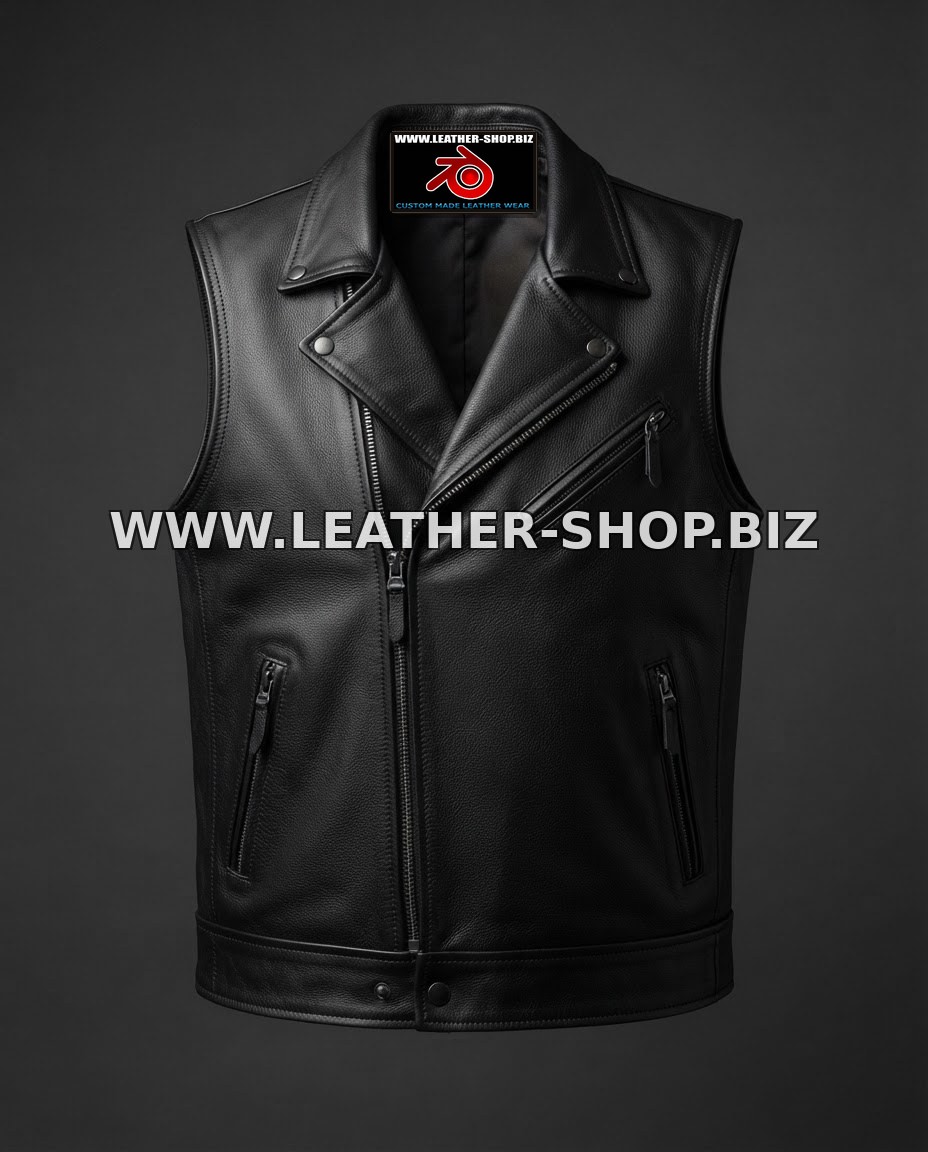 Leather Vest 4 Zippered Pockets style MLV099 Custom-Made